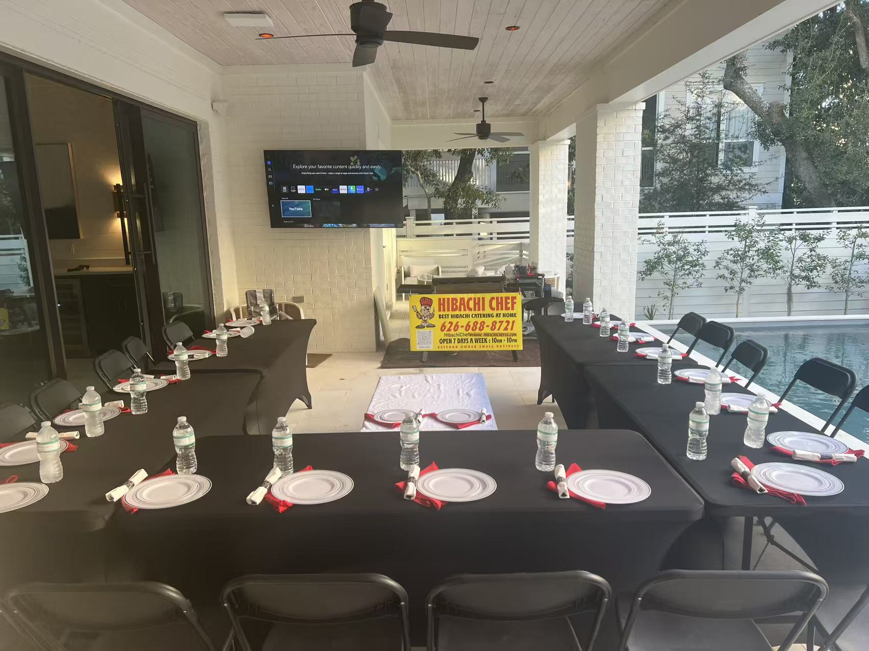 Professional hibachi chef setting up at home in Destin FL